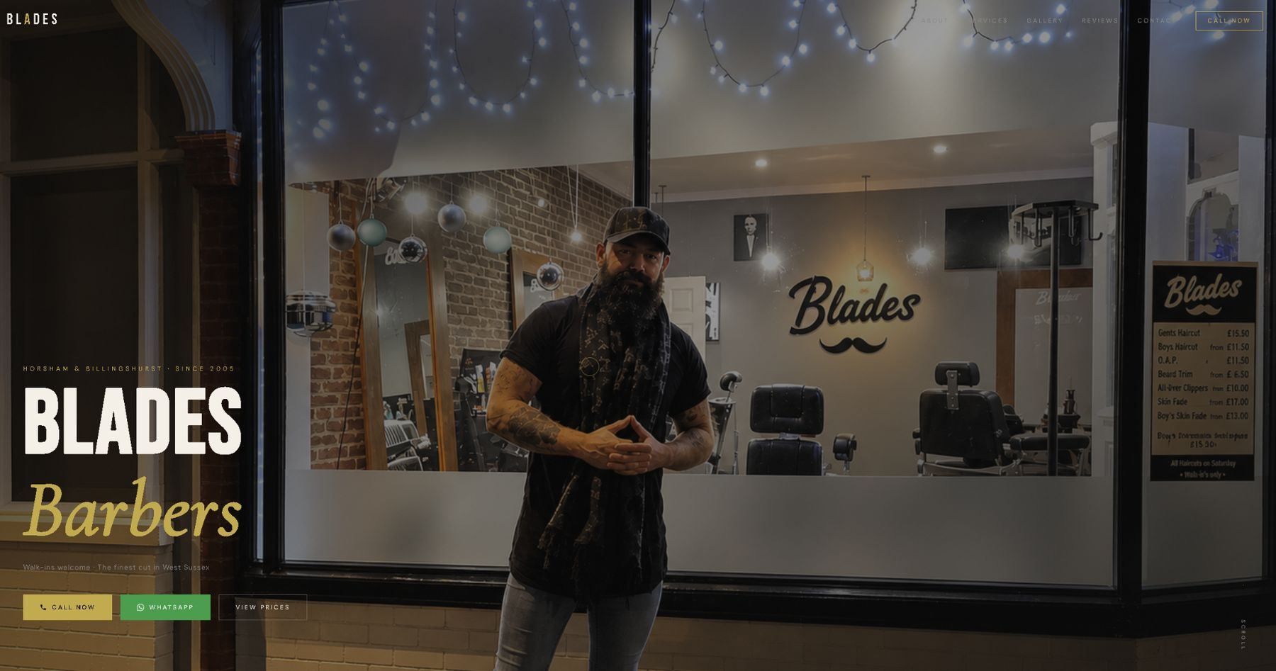Blades Barbers homepage: Blades Barbers, with Call now, WhatsApp and View prices buttons