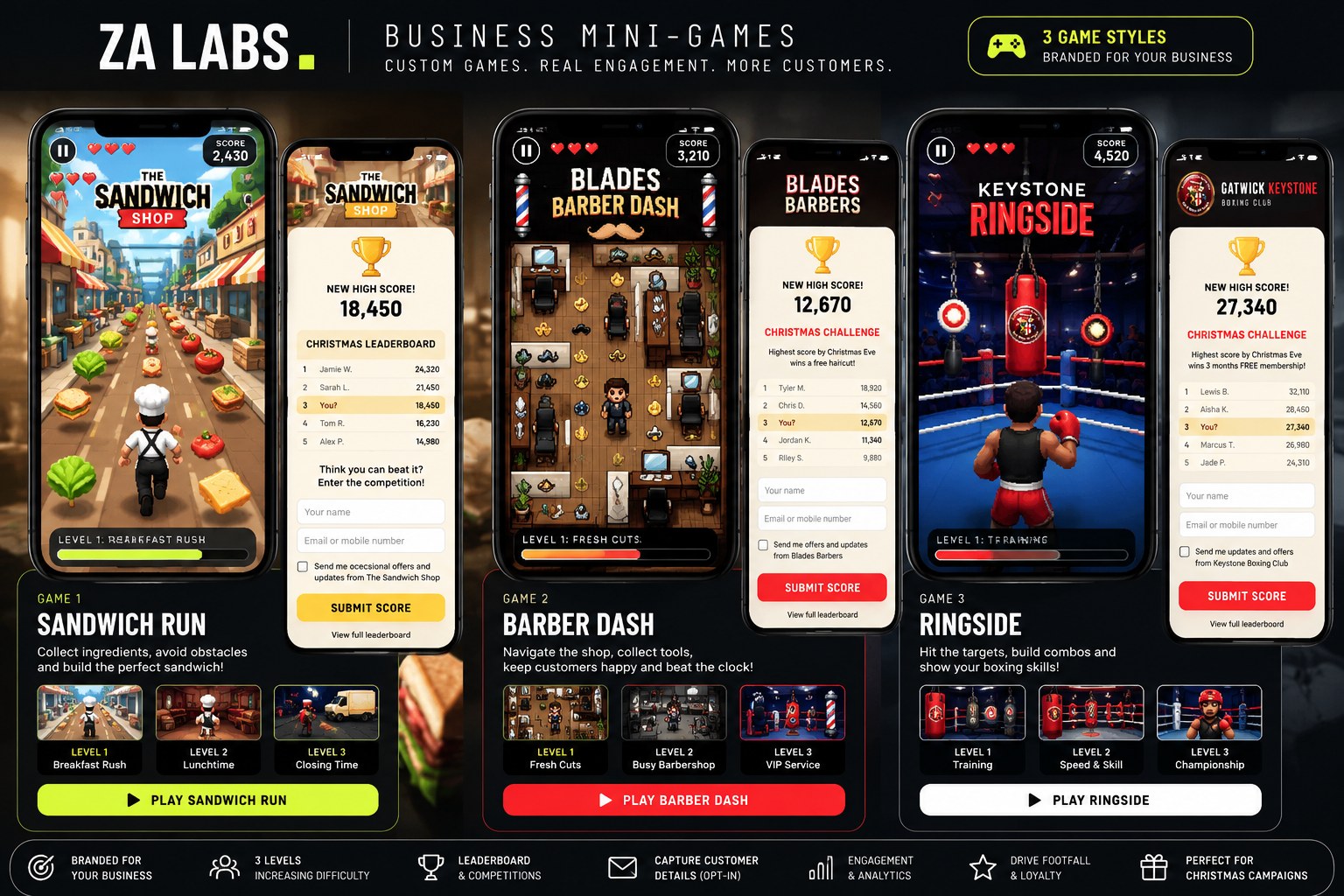 ZA Arcade concept artwork: example branded game screens and leaderboards for The Sandwich Shop, Blades Barbers and Gatwick Keystone Boxing Club