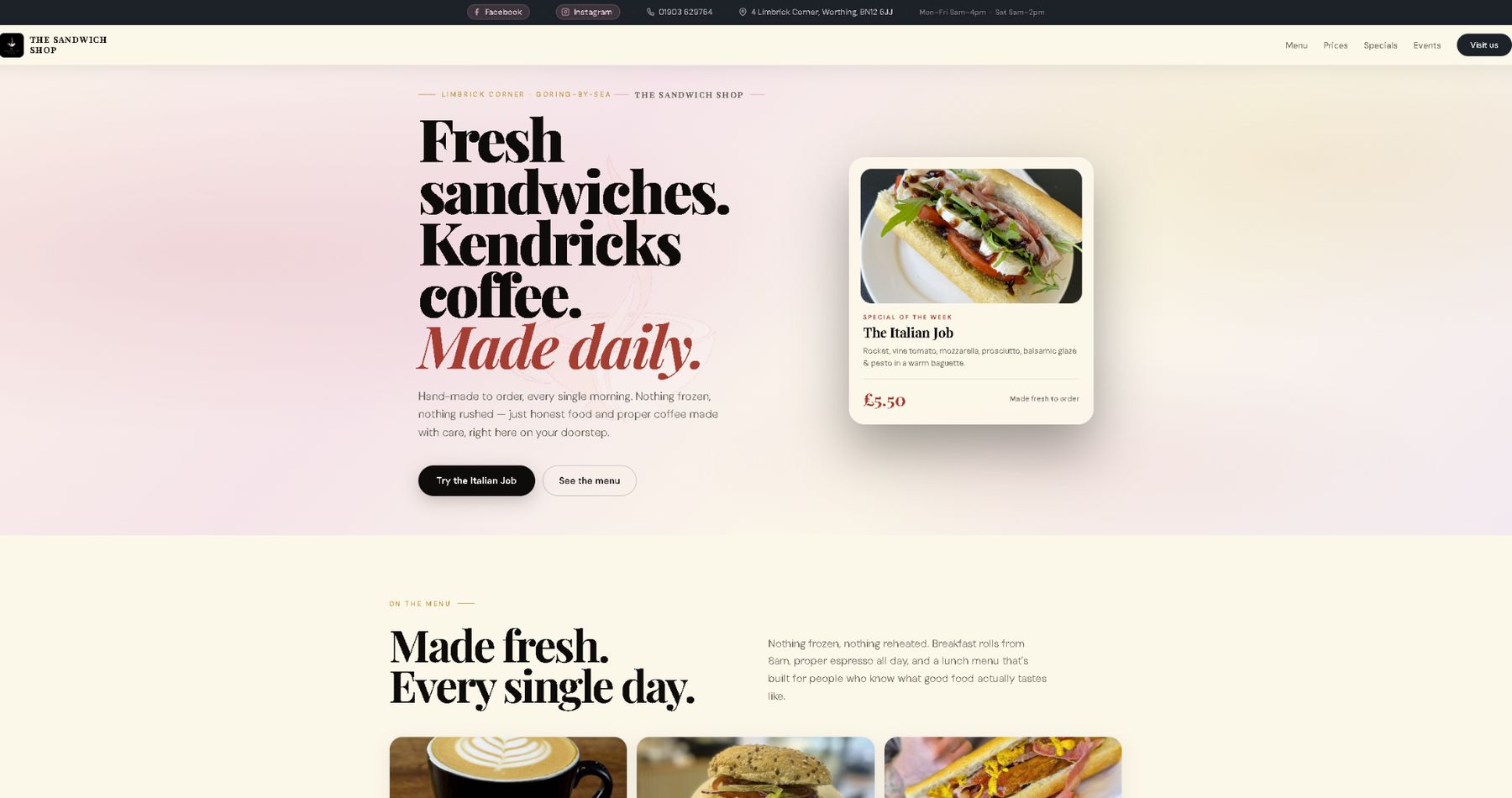 The Sandwich Shop homepage: Fresh sandwiches. Kendricks coffee. Made daily.
