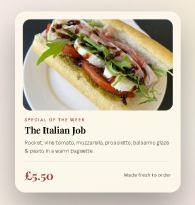 Close-up: Special of the week card, The Italian Job, £5.50